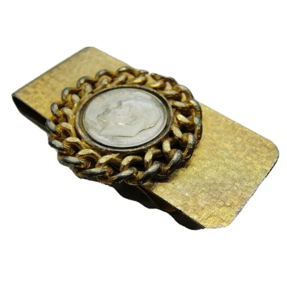 Money Clip Roosevelt Dime 1973 Gold Tone Credit Card Cash ID Holder